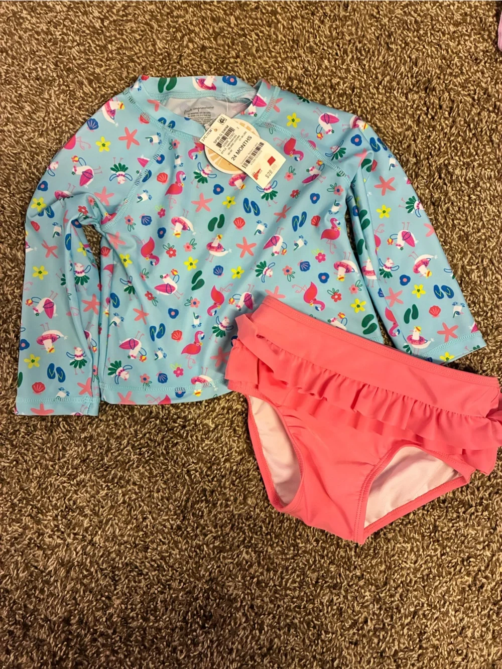 Coral Pink Ruffle Bikini Bottoms with Light Blue Ocean Print Rash Guard